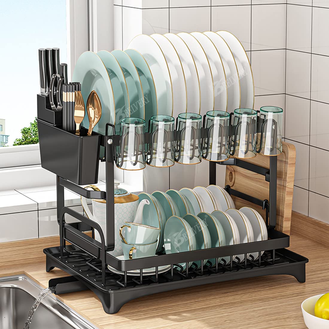 Belvery New Design Foldable 2 Tiers Dish Drying Stand With Rotatable Drainage System Large Kitchen Dish Rack Scratch Resistant Frosted Baking Process Coatings, Black