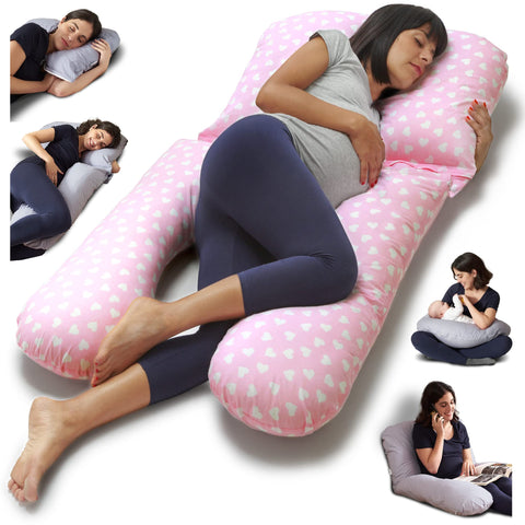 Moro Pregnancy Pillow For Sleeping - Maternity Pillow For Pregnant Woman, U Shape Full Body Nursing Pillow Support For Belly 100% Cotton Pillowcase Removable (Pink-White Hearts)