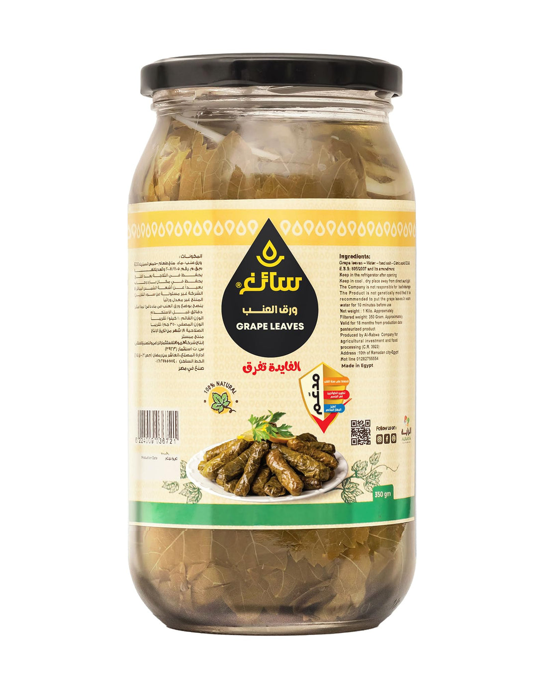 Saegh Grape Leaves, Glass Jar, 350g, Traditional Egyptian Style Preserved Vine Leaves