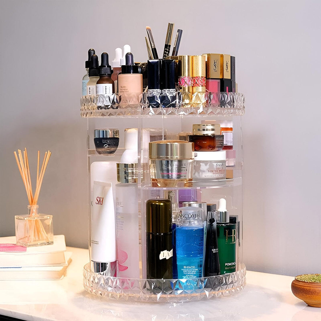 Premium Cosmetic Organizer - 360 Degree Rotating Makeup Storage with Crystal Clear Design, Large Adjustable Shelves for All Your Beauty Products, Modern and Trendy Vanity Accessory