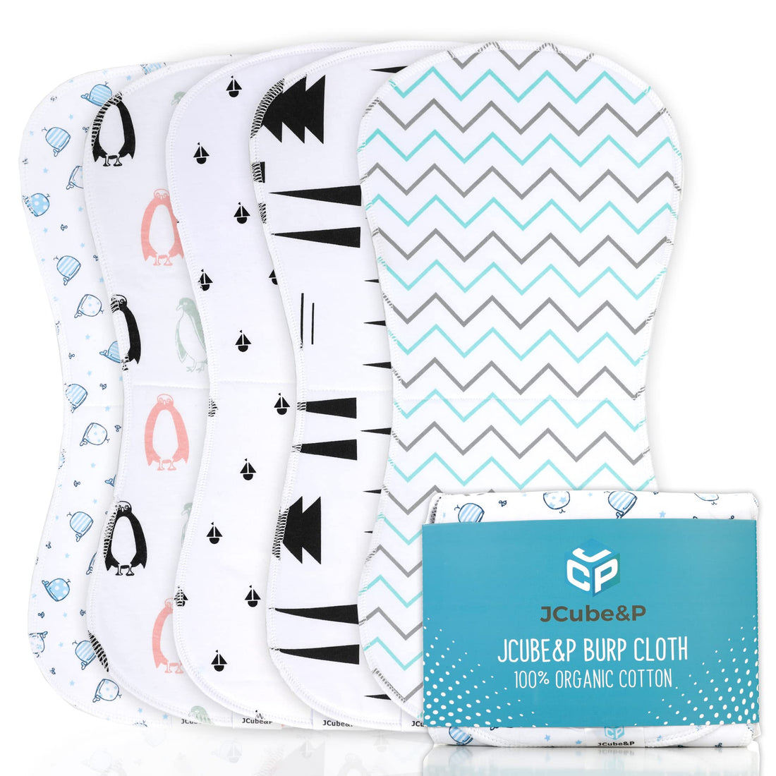 Baby Burp Cloth - Organic Cotton & Fleece Burp Clothes - Soft & Absorbent Curvy Burp Rags - Cute 5-Pack Contoured Set Burp Towels - Newborns & Infants Burping Cloths (Peace)