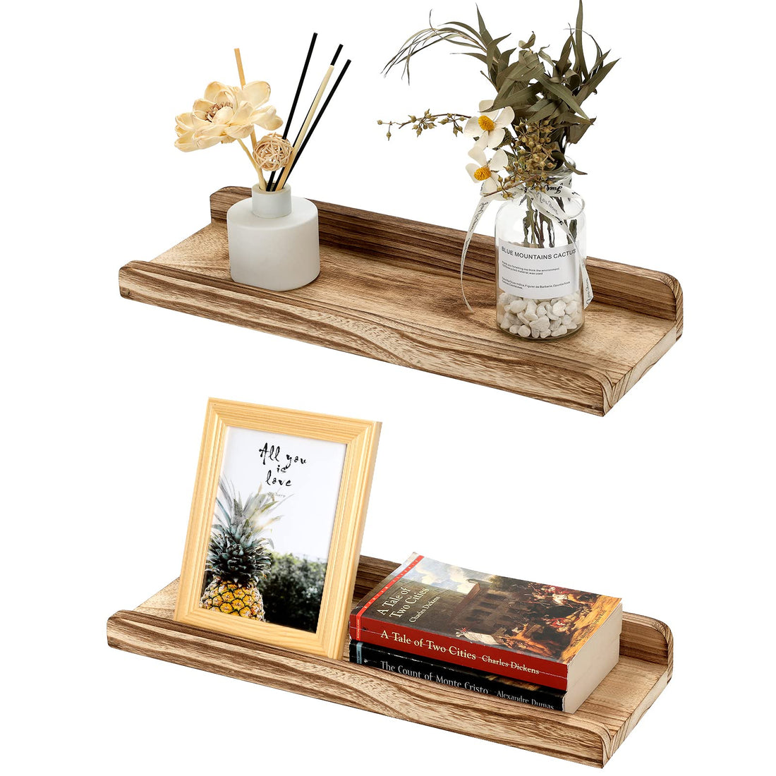 KINLINK Floating Shelves Wall Mounted Set of 2, Rustic Wall Shelves with Ledge Wood Shelves for Living Room/Bedroom/Bathroom/Kitchen/Farmhouse, Light Brown