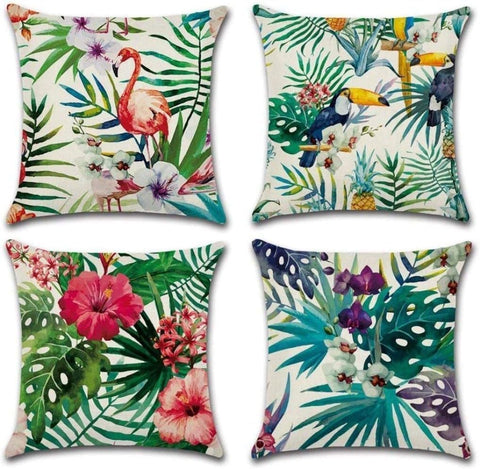 Green Cushion Covers Leaf, Tropical linen pillow covers with flamingo, Pack of 4 square jungle throw pillowcase, For sofa, couch, bedroom & outdoor cushions 45 cm x 45 cm (18 x 18 inch)