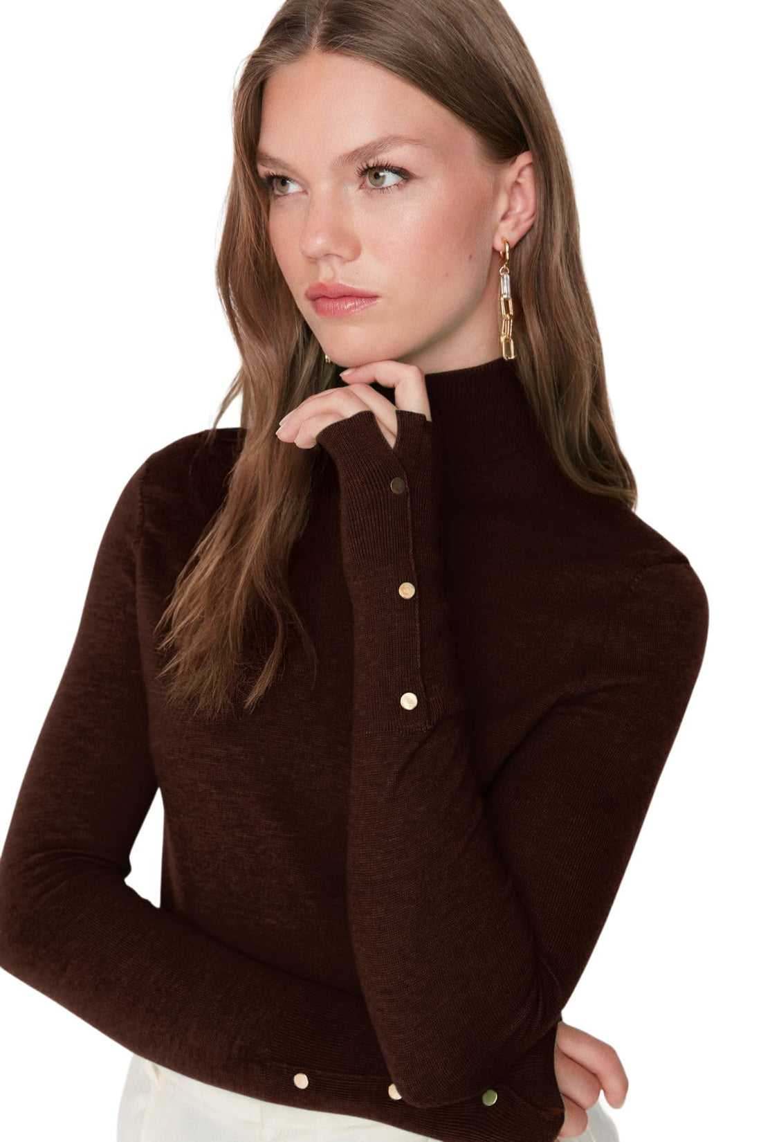 Trendyol Brown Mercerized Look Premium Yarn/Special Yarn Basic Knitwear Sweater Twoaw23Kz01514,Brown L