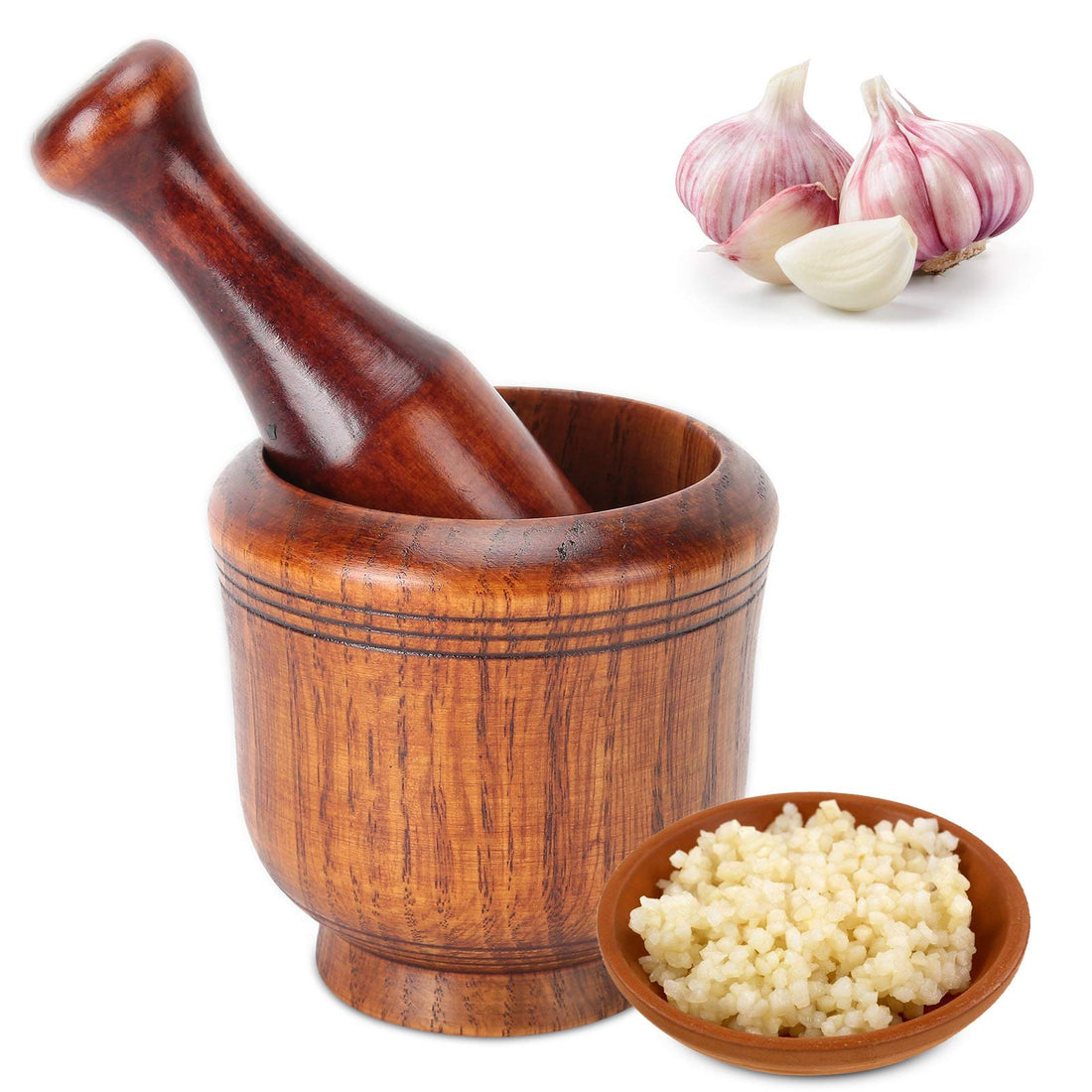 Mortar and Pestle Set, Wood Grinding Bowl, Manual Garlic Grinder, Ginger, Spices, Kitchen Utensils for Home