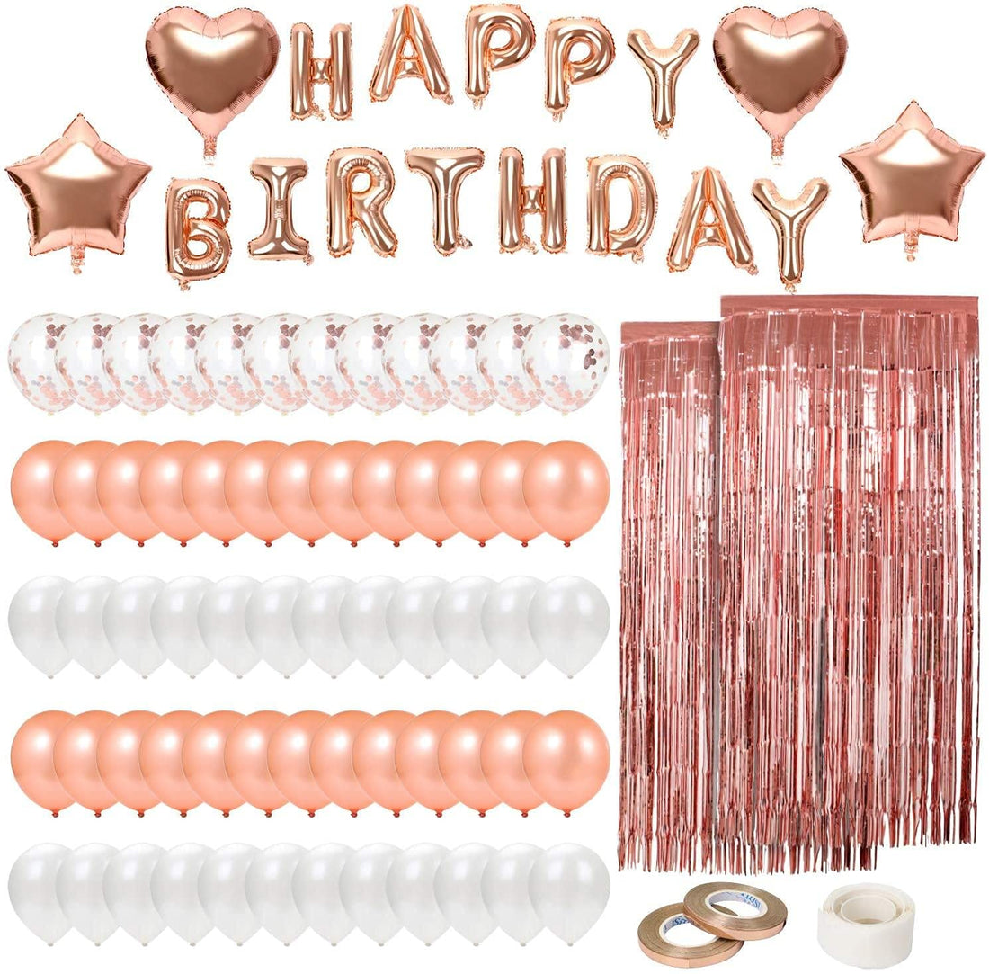 82pcs Birthday Party Decoration with Happy Birthday Banner Balloons, Rose Gold and White Balloons, One Size