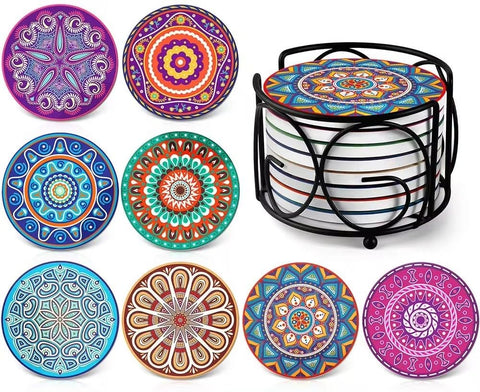 Generic Andalusian Leather Coaster Set - Khayamiya Designs - 2 Pieces - 18 cm - Round - Multi Color