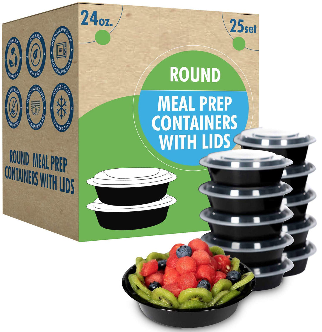 Meal Prep Container Reusable with Lids [25 Set- 24oz] Round Ideal-Food Prep Containers, Food Storage Bento Box | Stackable | Microwave | Dishwasher | Freezer Safe.