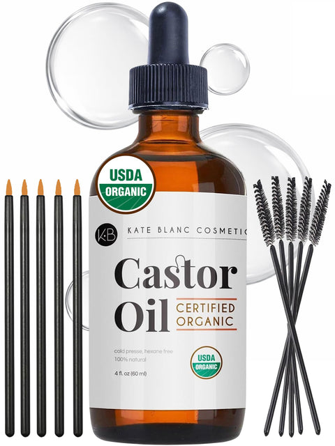 Castor Oil (4oz), USDA Certified Organic, 100% Pure, Cold Pressed, Hexane Free by Kate Blanc. Stimulate Growth for Eyelashes, Eyebrows, Hair. Skin Moisturizer & Oil Cleanse. FREE Starter Kit