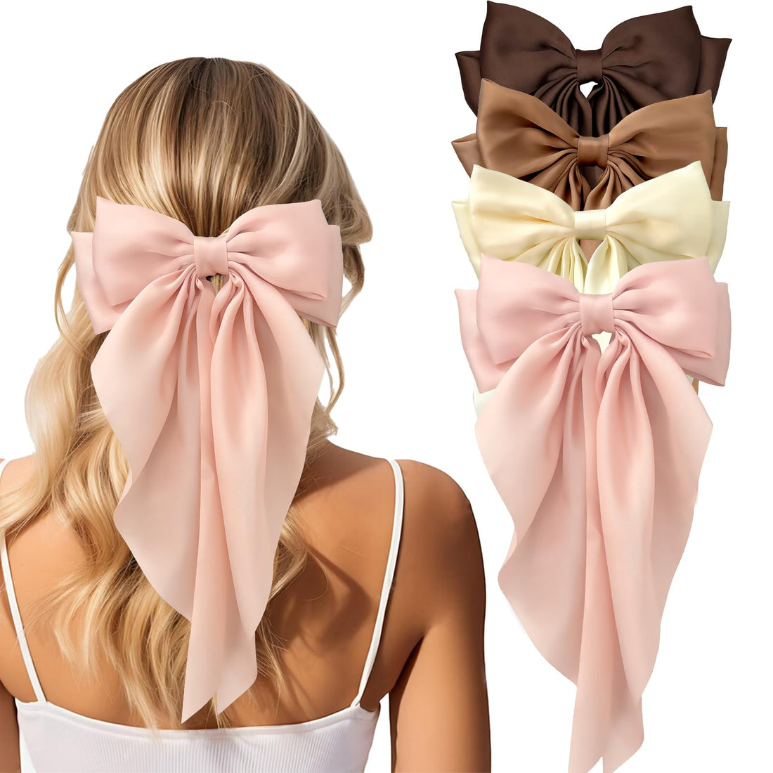 Hair Bows for Women, 4 PCS Big Bow Hair Clips with Long Tail, Silky Satin Oversized Bow Claw Clips, Large Hair Barrettes, Cute Hair Accessories for Women