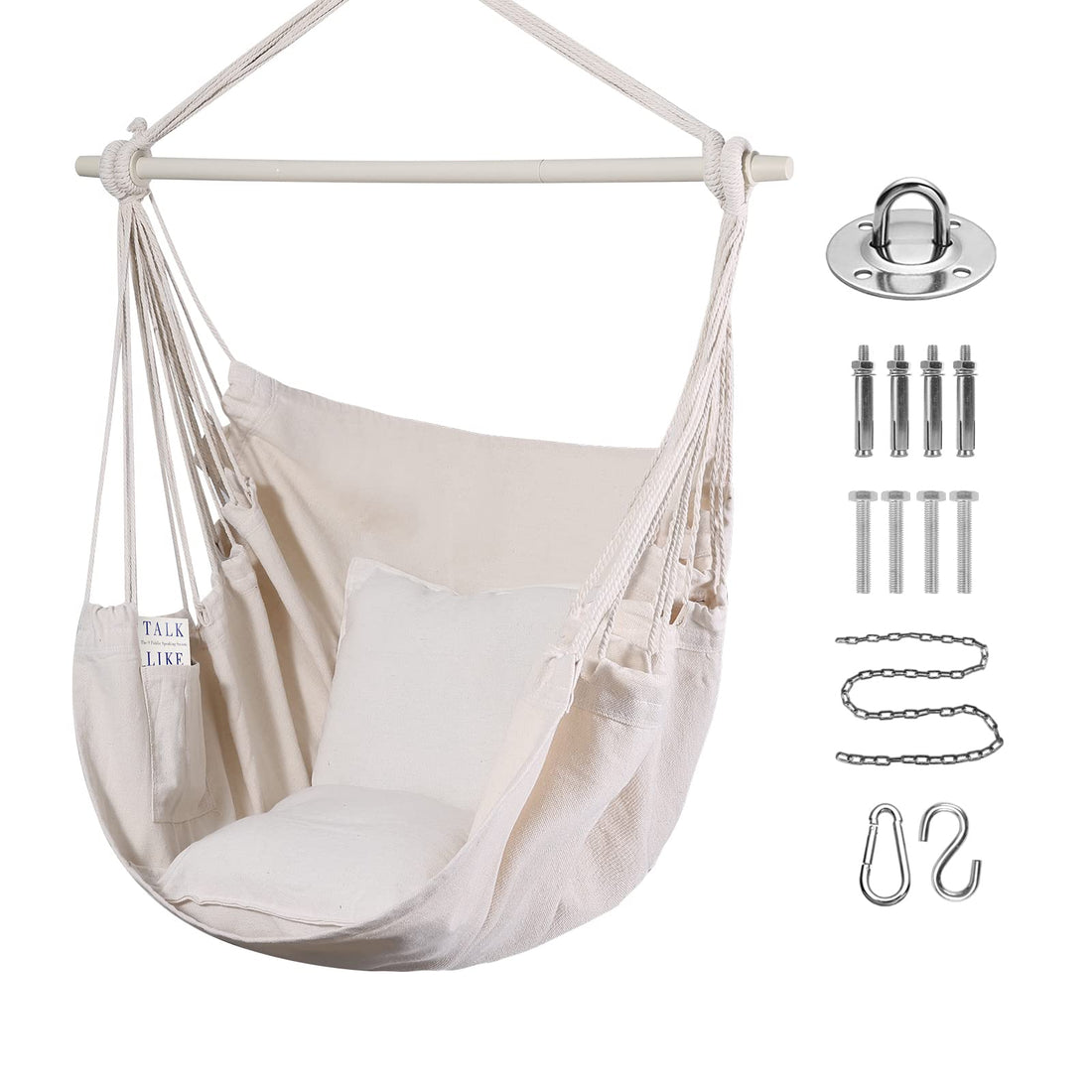 Goutime Swing Chair Large Soft Cotton Hammock Chair with Two Pillow Cushions with Carry Bag Indoor/Outdoor/Bedroom Terrace Garden Balcony, 150 kg (330 LB) (Beige)