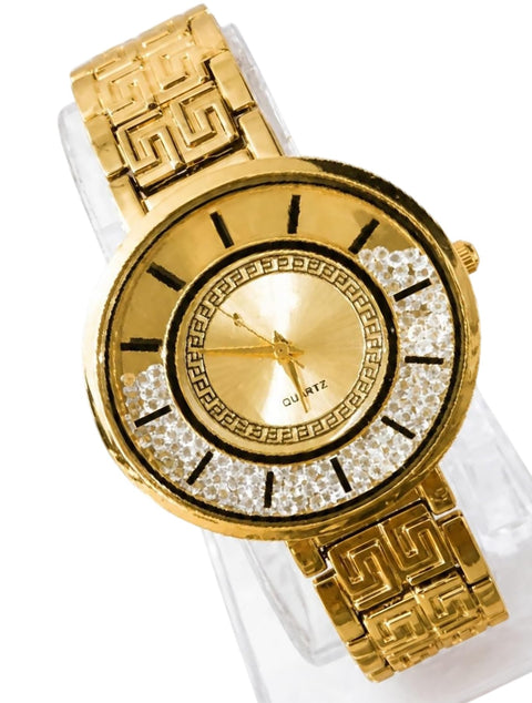 Women's Wrist Watch Gold Color Elegant Design with Studded Bezel Gold Metal Bracelet