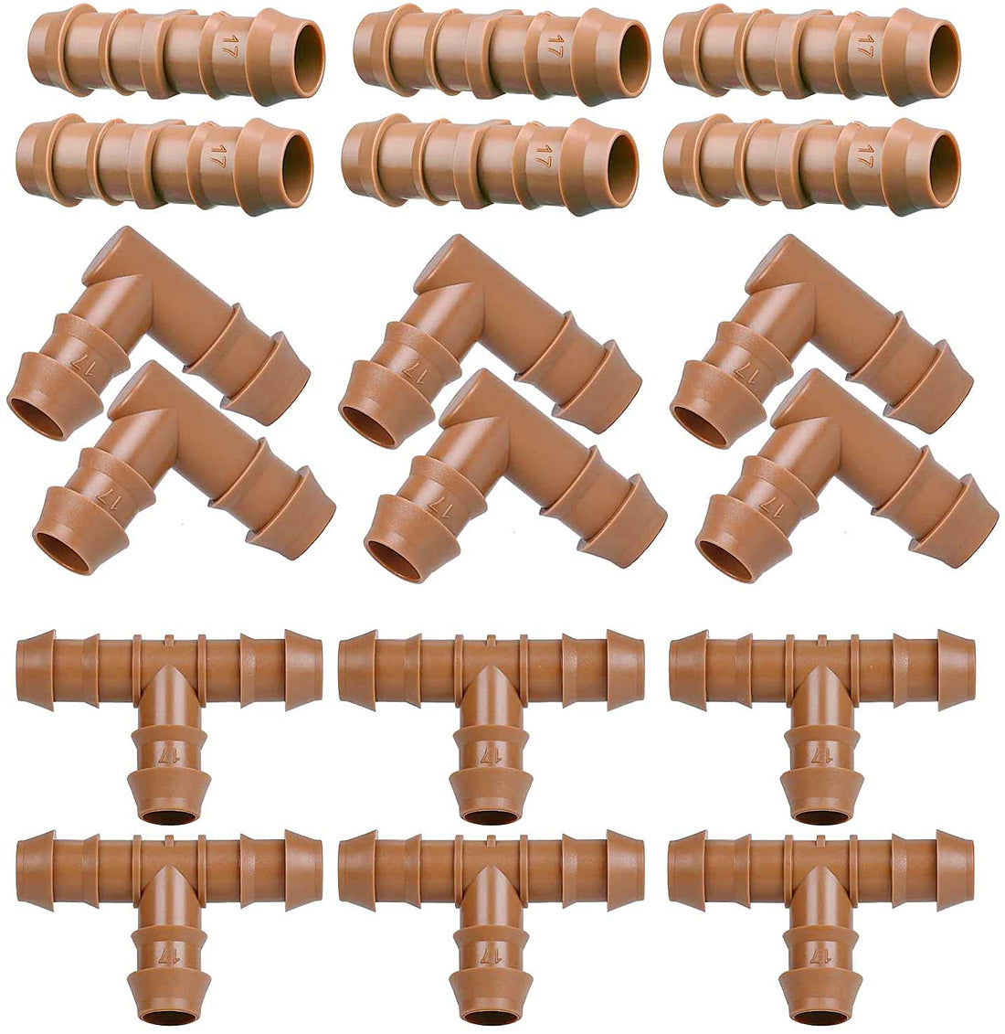 18P Drip Irrigation Fitting Set,Include 6 Couplings 6 Tees 6 Elbows, Fits 17mm.600 ID 1/2"-Inch Drip Tubing (18 Pieces Set)
