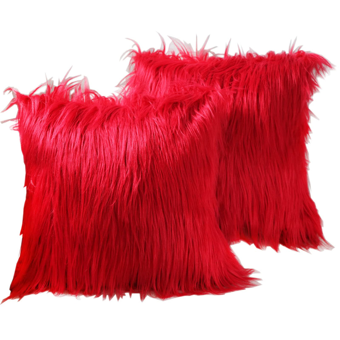 decorative faux fur throw pillow covers 20x20 inch luxury long fur mongolian fluffy soft square cushion cover plush floor pillow case for living room couch 50x50cm, bright red 2 pack