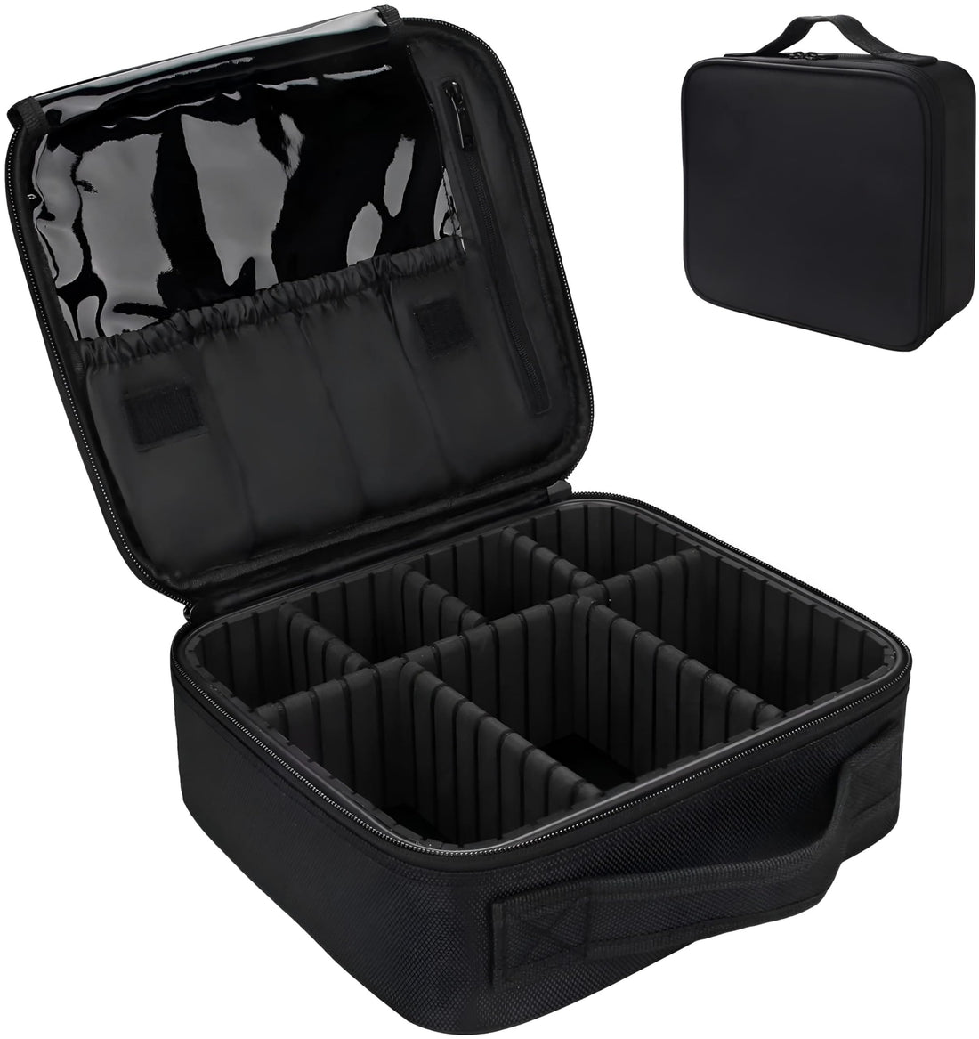 Cosmetic Storage Box - Black portable vanity case with waterproof design and customizable dividers, 26 x 23 x 9 cm, perfect for organizing makeup, brushes, and skincare essentials during travel.
