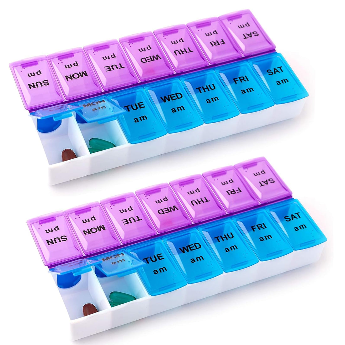 Plan A Weekly Pill Box, Portable Travel Pill Organizer with 14 Compartments for Medicine and Vitamins, Use 7 Days/Twice Daily (AM/PM) Moisture-Proof, Large Capacity, BPA Free (One Size, 2 Pack)