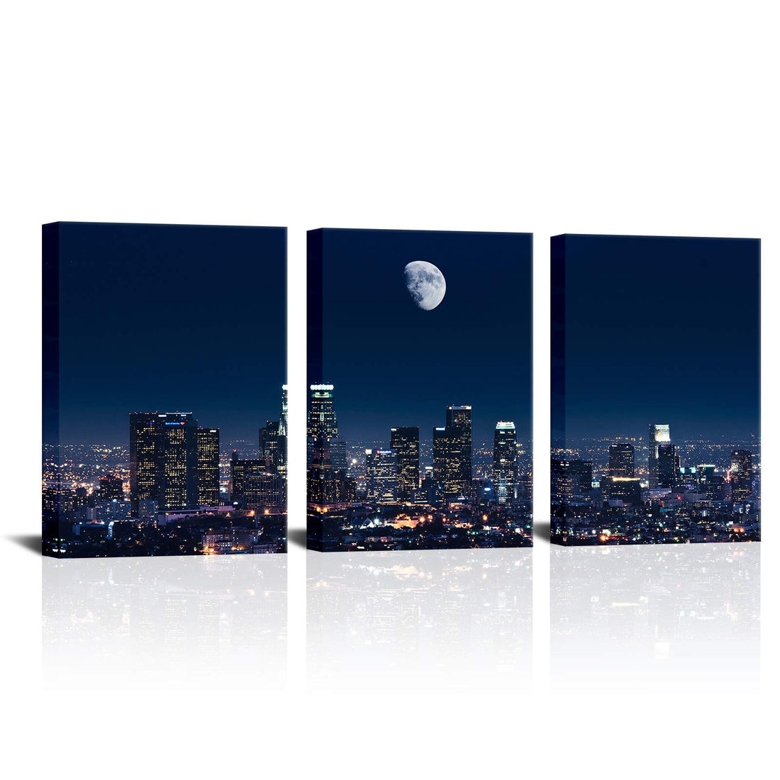 3 Piece City Wall Art Los Angeles Skyline Picture Canvas Prints California Moon Night Cityscape Artwork Painting Modern Home Office Bedroom Decoration Framed Ready to Hang