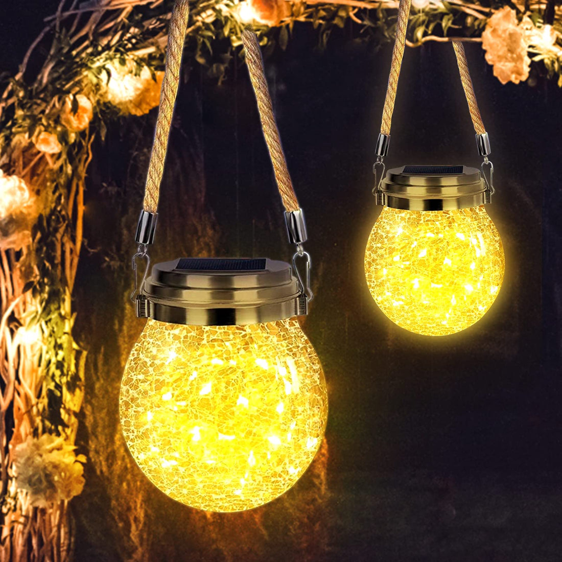 WIND STAR Solar Lantern Outdoor 2 Pack, Solar Hanging Lantern with 30 LED Waterproof Solar Lights Decorative Crackle Glass Ball Backyard Table Deck Yard Patio…