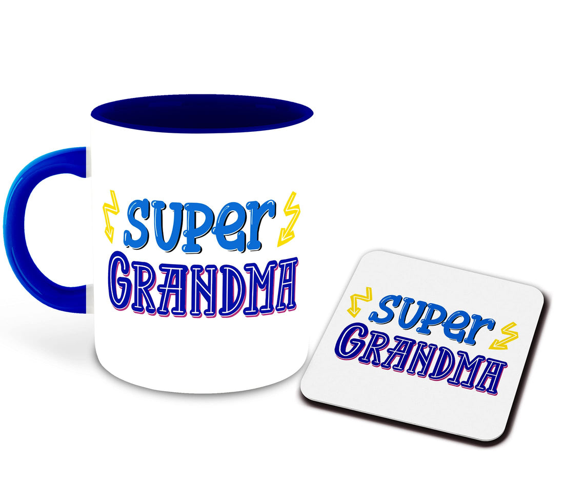 Grandma Inspired Printed Designer Dark Blue Inner Color Ceramic Coffee Mug with Coaster (Grandma, Grandparent, Gift for Grandmother, Birthday Gift, Best Gift) Multi- 4