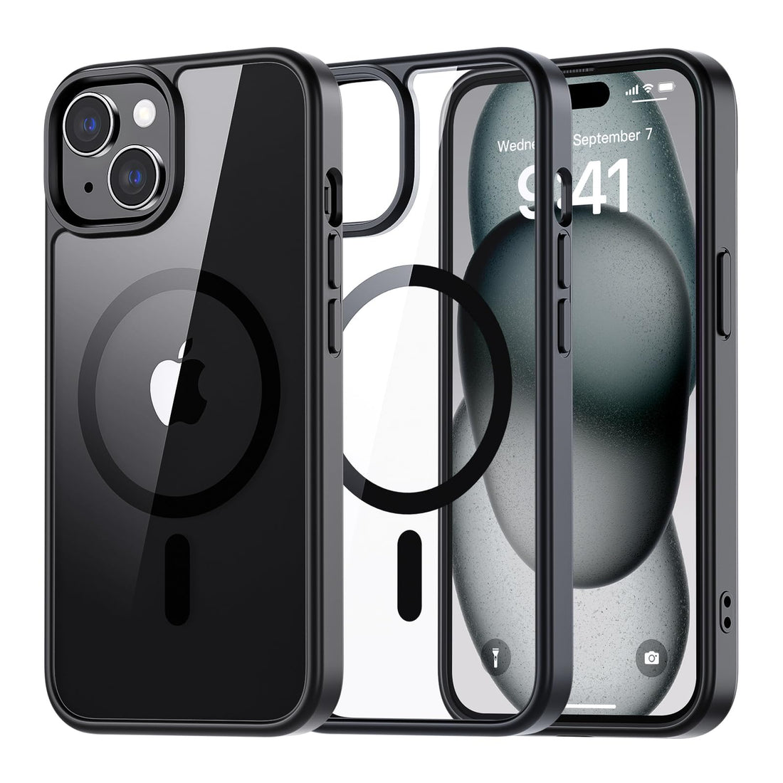 SUPFINE Magnetic for iPhone 15 case, [Compatible with MagSafe][Clear Hard Back with Soft TPU Bumper][12FT Military Grade Drop Protection] Shockproof Phone Case,Clear Black