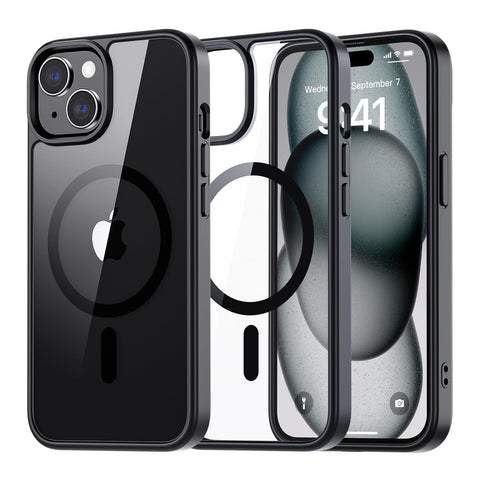 SUPFINE Magnetic for iPhone 15 case, [Compatible with MagSafe][Clear Hard Back with Soft TPU Bumper][12FT Military Grade Drop Protection] Shockproof Phone Case,Clear Black