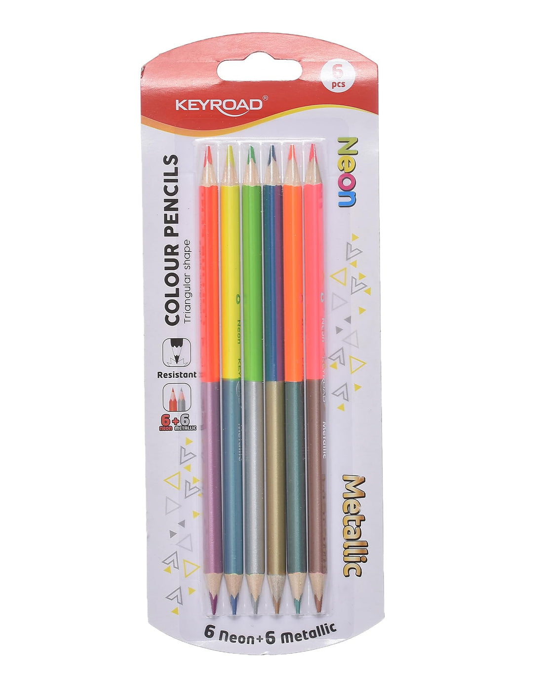 Keyroad Triangular Wooden Colored Pencils 6 Colors Double-Ended Neon × Metallic Mix Model KR973370