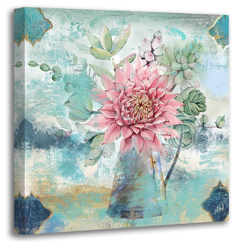 Bathroom Botanical Cactus Plants Painting Abstract Succulents Flower Canvas Wall Art Pink Floral Rustic Print Picture Artwork Framed for Bedroom Living Room Nursery Office Home Decor 14"x14"