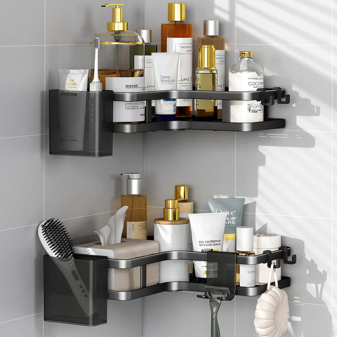 Silver Bathroom Organizer - Premium stainless steel shelf set with modern aesthetic, 5 units resistant to moisture and corrosion for lasting durability.