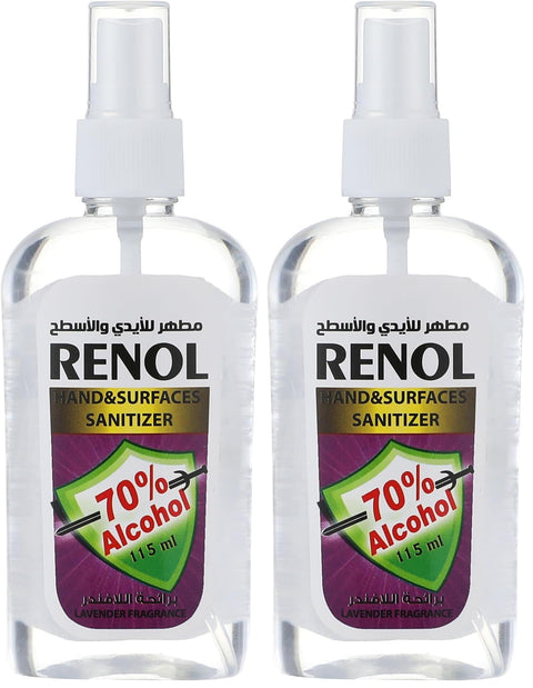 Renol alcohol sanitizer for hands and surfaces with lavender fragrance - 115 ml (Pack of 2)