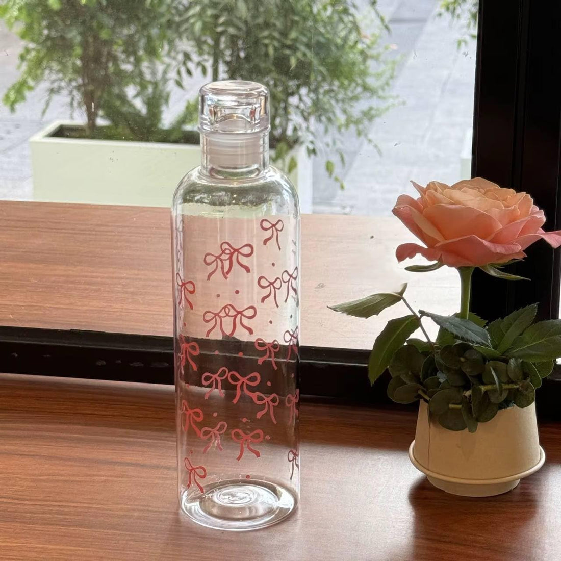 Clear Acrylic Water Bottle with Pink Bow Print, 500 ml, for Water and Juices, .go