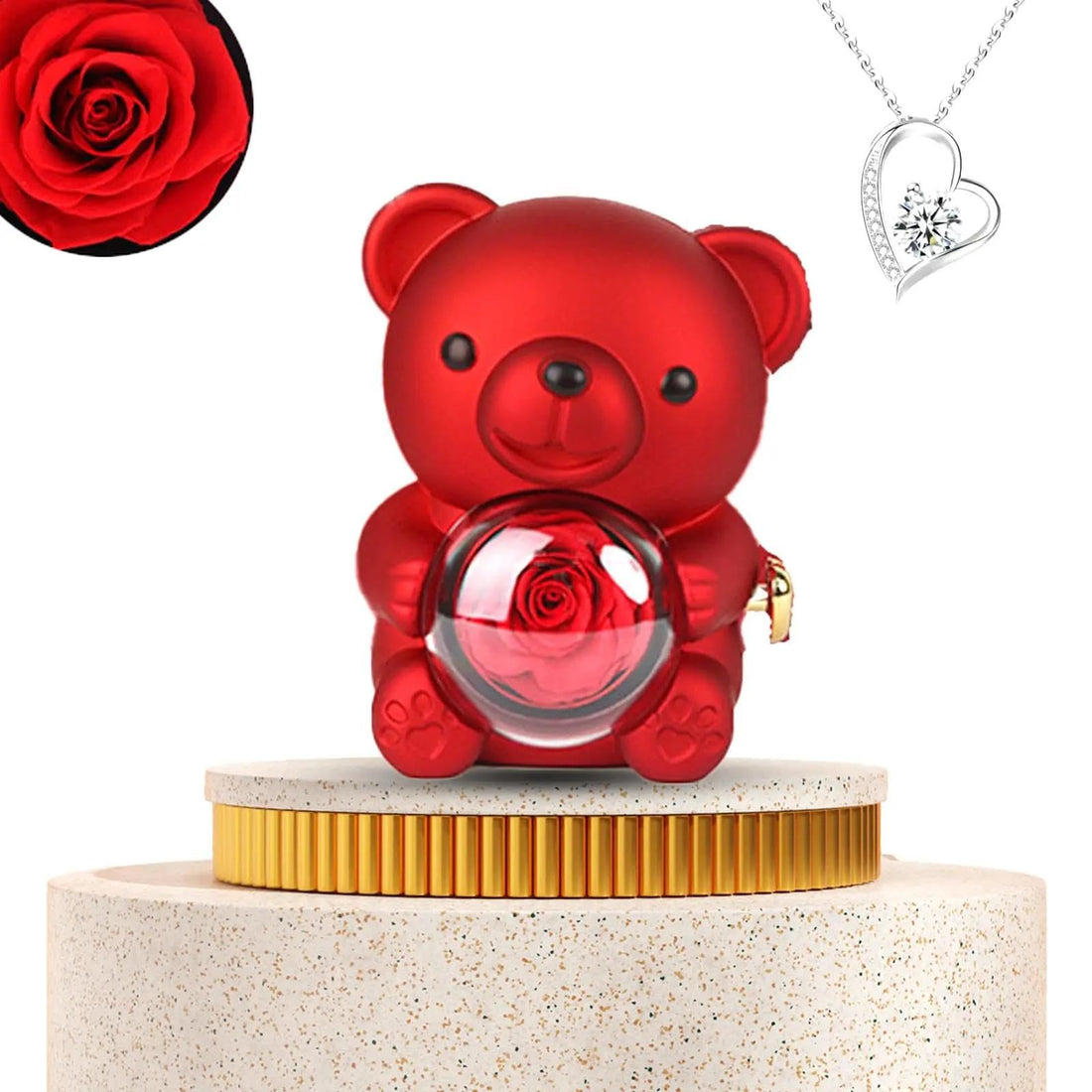Luxury Love Teddy Bear An elegant teddy bear in brightmetallic red color. He carries in his heart an eternal red rose, inside which hides a charming surprise - a luxurious necklace or a diamond ring h