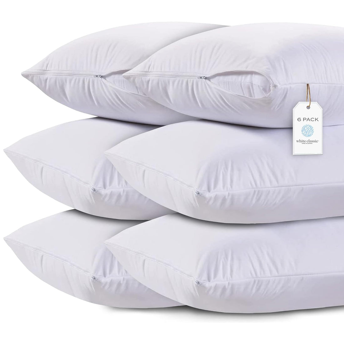 White Classic Zippered Style Pillow case Cover - Luxury Collection 200 Thread Count, Soft Quiet Zippered Pillow Protectors, Queen Size, 6 Pack