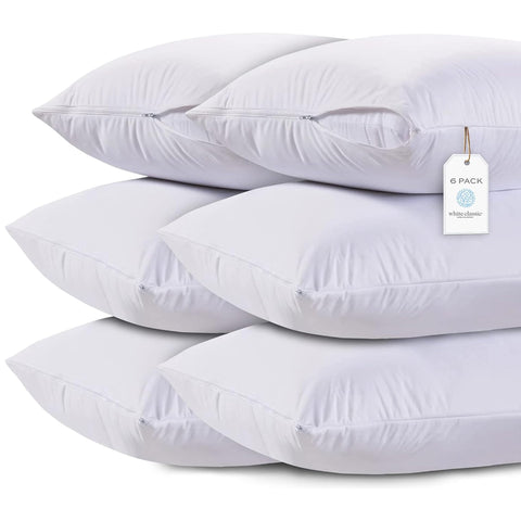 White Classic Zippered Style Pillow case Cover - Luxury Collection 200 Thread Count, Soft Quiet Zippered Pillow Protectors, Queen Size, 6 Pack