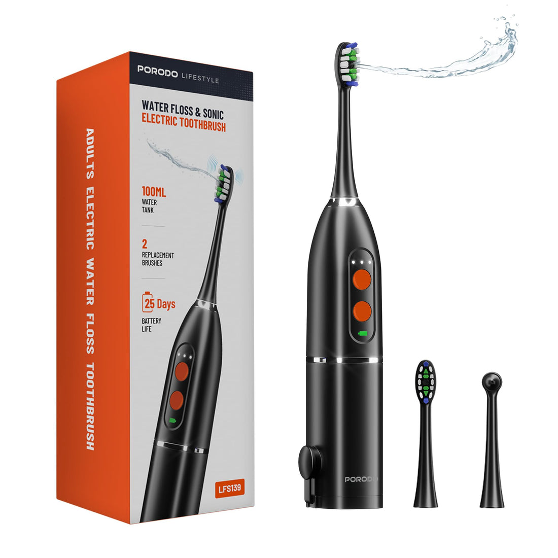 Porodo Lifestyle Electric Toothbrush with Water Flosser, IPX7 Waterproof, 100ml Water Capacity, 2× Replacement Brushes, 25 Day Battery Life, Sonic Oral Irrigator, Ideal for Home & Travel - Black
