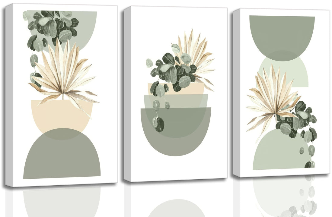 3 Pcs Neutral Abstract Boho Canvas Wall Art Beige Sage Green Mid Century Modern Plants Bohemia Pictures Wall Decor Posters Prints for Bedroom Living Room Bathroom Office Home Decoration