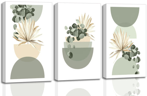 3 Pcs Neutral Abstract Boho Canvas Wall Art Beige Sage Green Mid Century Modern Plants Bohemia Pictures Wall Decor Posters Prints for Bedroom Living Room Bathroom Office Home Decoration