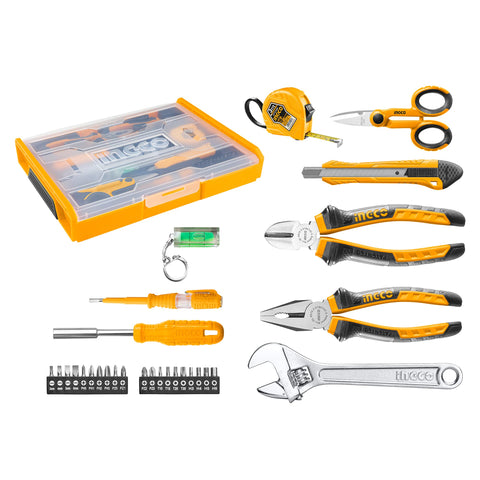 INGCO 29pcs Household Hand Tool Set Tool Kit with Patented Stackable Plastic Box for Home Household Dormitory Office Garage Car Repair Maintance DIY HKTV01H291