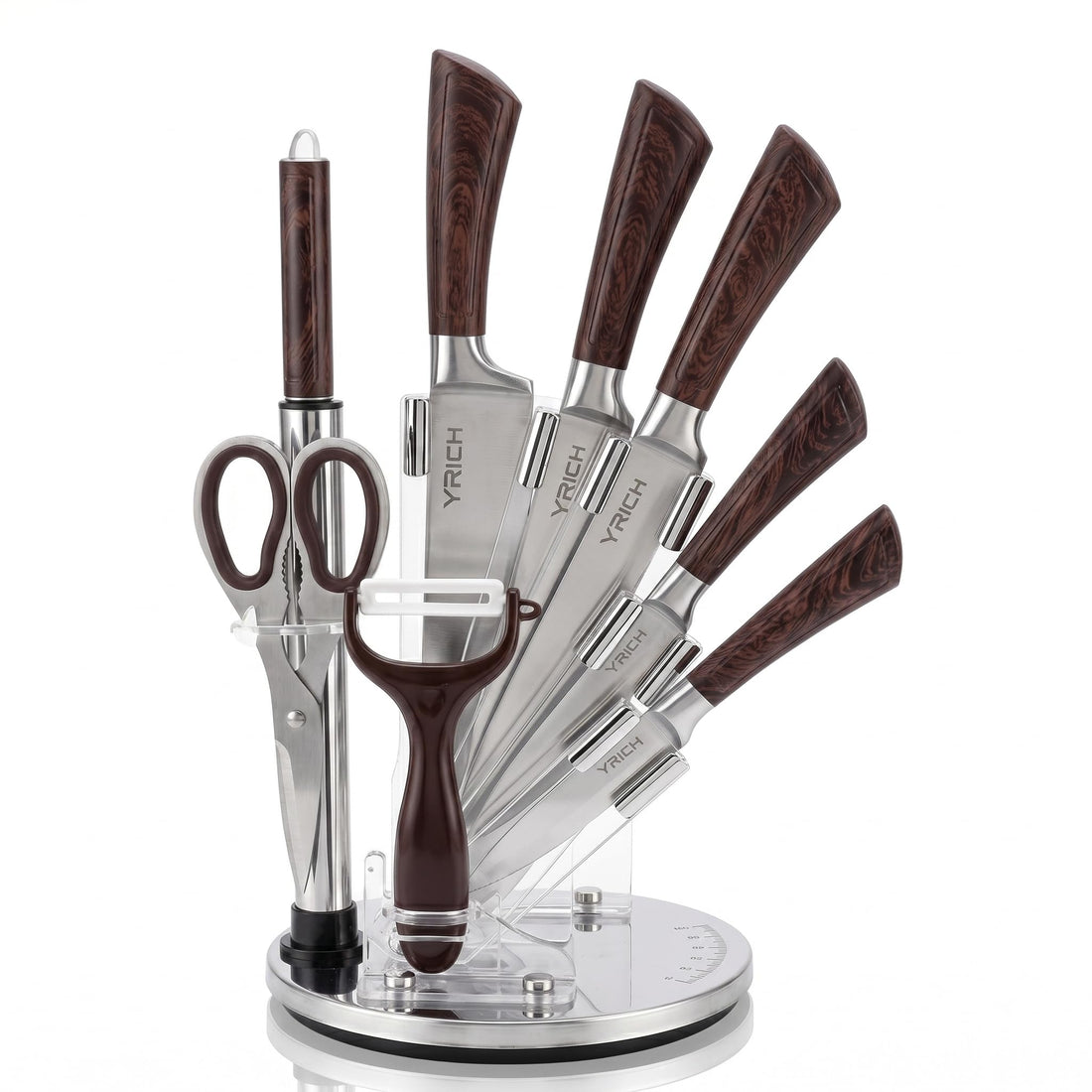 YRICH 9 Piece Stainless Steel Kitchen Knife Set with Rotating Acrylic Stand, Scissors, Peeler, Knife Sharpener, Sharpener, Rust Resistant Sharp Blades, Ergonomic Handles (Brown)