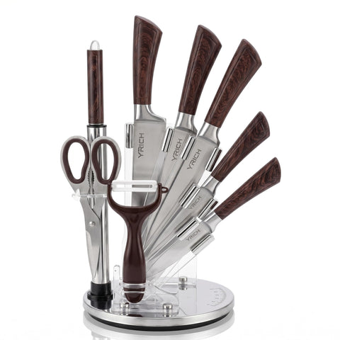 YRICH 9 Piece Stainless Steel Kitchen Knife Set with Rotating Acrylic Stand, Scissors, Peeler, Knife Sharpener, Sharpener, Rust Resistant Sharp Blades, Ergonomic Handles (Brown)