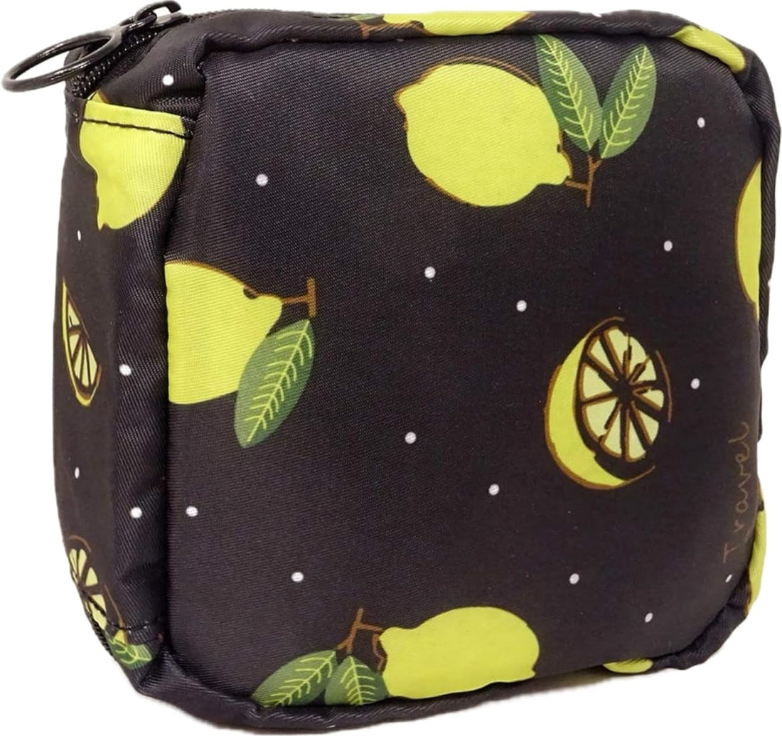 Downtown Multi-Functional Mini Travel Makeup Bag, Black Lemon Print Cosmetic and Sanitary Napkin Storage Bag, Small Pouch for Personal Care Items and Beauty Accessories for On-The-Go