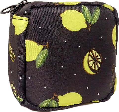 Downtown Multi-Functional Mini Travel Makeup Bag, Black Lemon Print Cosmetic and Sanitary Napkin Storage Bag, Small Pouch for Personal Care Items and Beauty Accessories for On-The-Go
