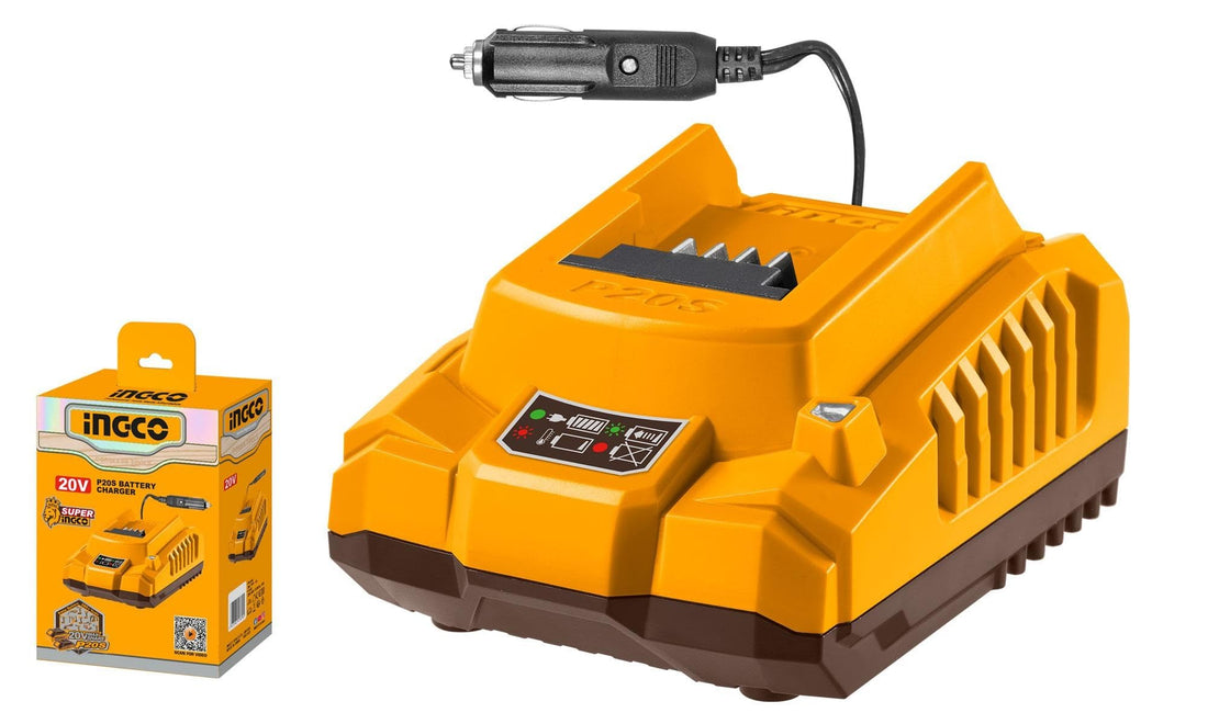 INGCO 20V 2.0A Car Battery Charger, Model FCLI2012, 12-24V DC Input, Portable Power Tool Charger with Car Adapter