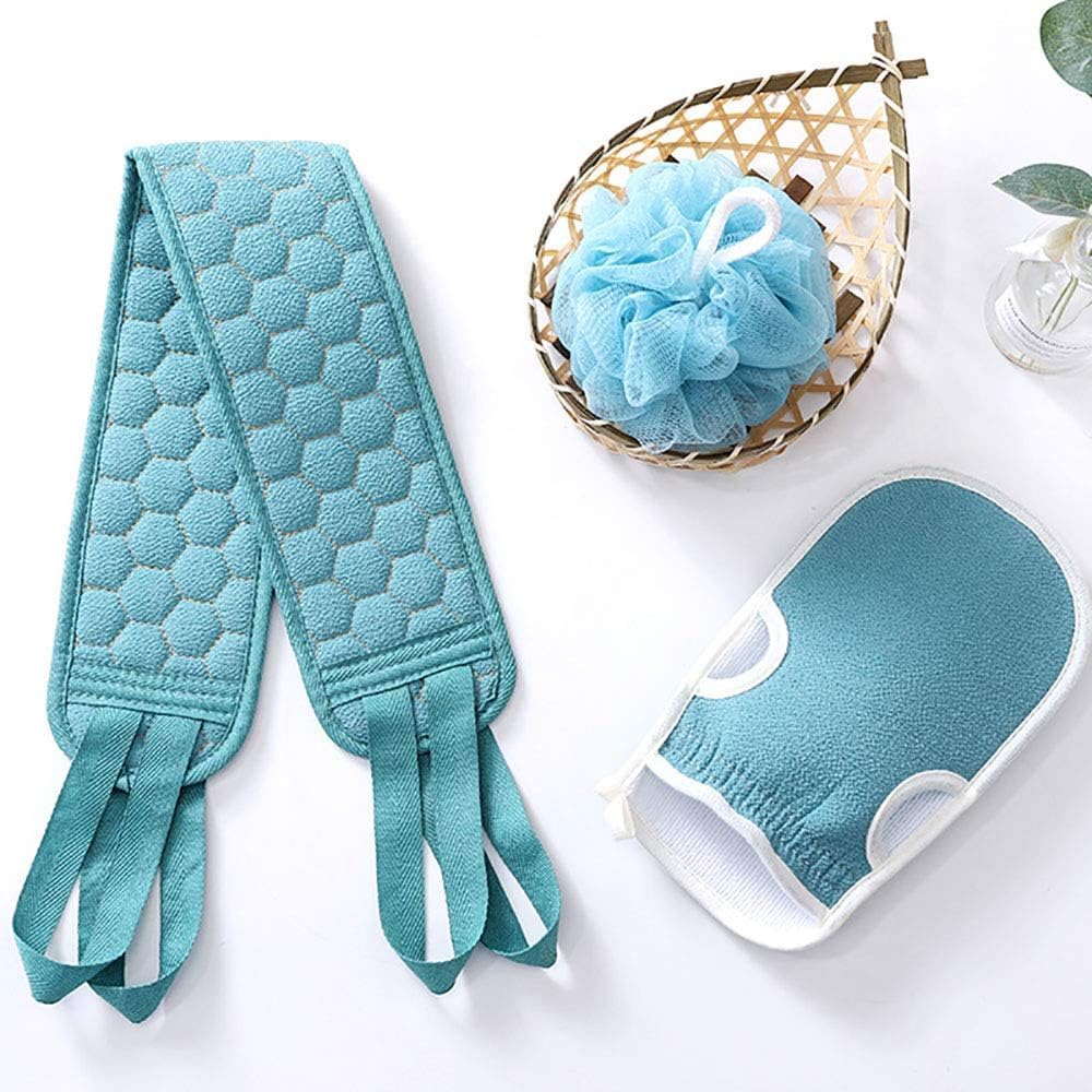 Bath Set with Back Scrubber Strap, Exfoliating Glove and Bath Loofah, Multicolour, 3 Piece