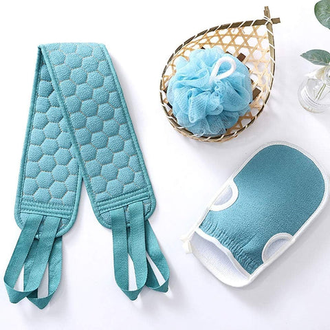 Bath Set with Back Scrubber Strap, Exfoliating Glove and Bath Loofah, Multicolour, 3 Piece