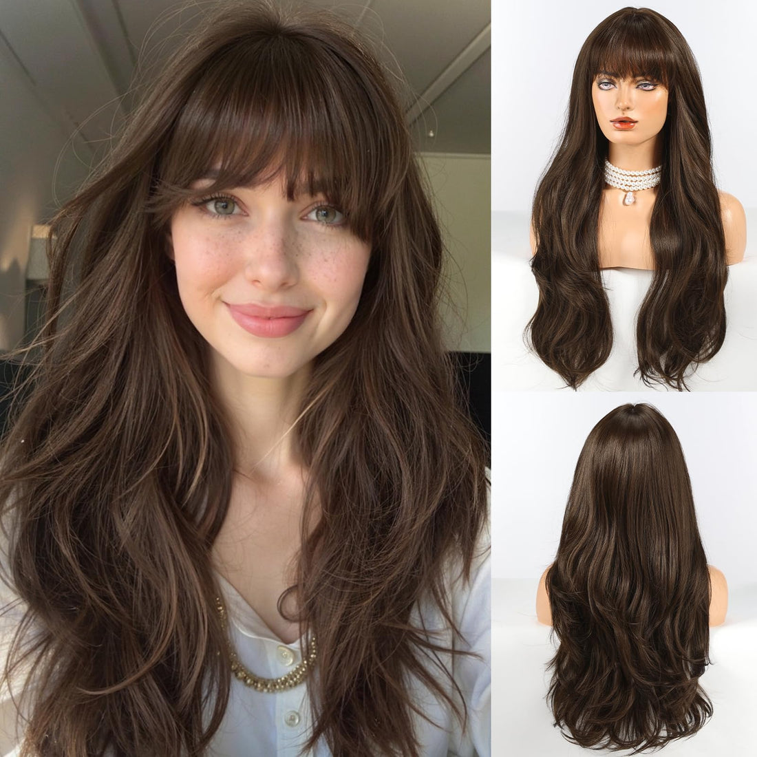ECIF Wigs With Bangs Big Wave And Curly Fluffy Wig, And Built-In Breathable Adjustable Hair Cover (Dark Brown)