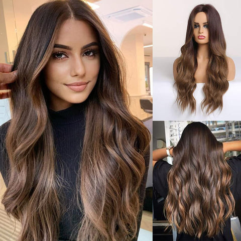 HAIRCUBE Long Ombre Brown Wigs for Women,Synthetic Curly Hair Hair Wig Middle Parting
