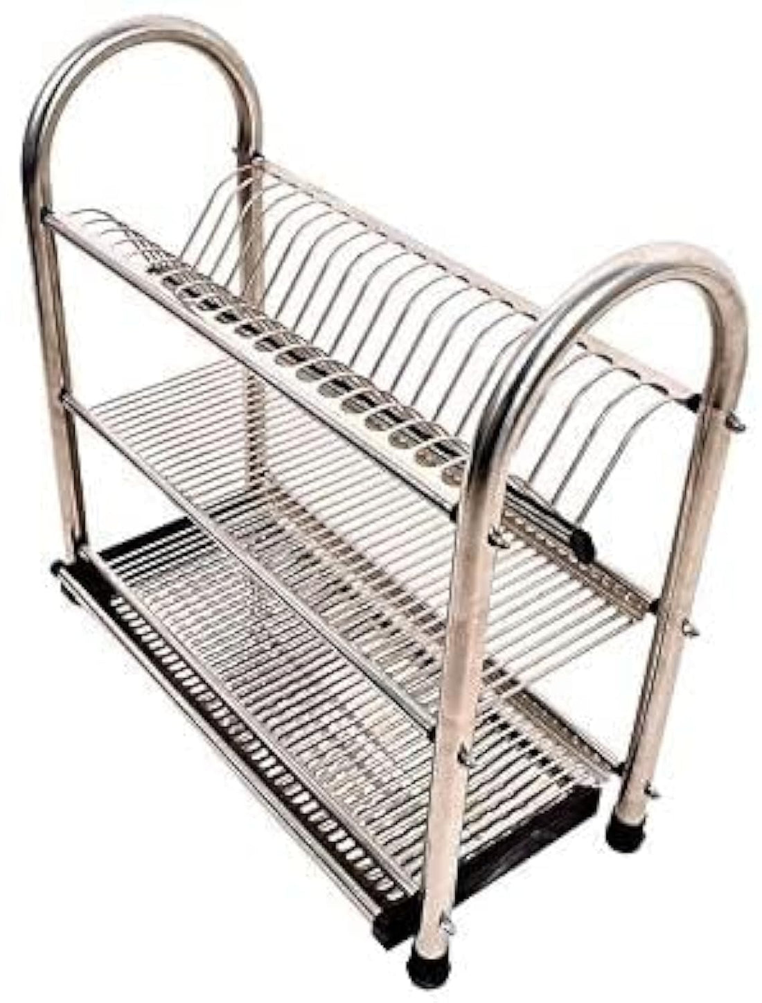 Generic Stainless Steel Drying Rack with Bowl Strainer, 3 Tier, 2 Dish Racks, 1 Cup Rack, Freestanding, 60cm Width, Dishware