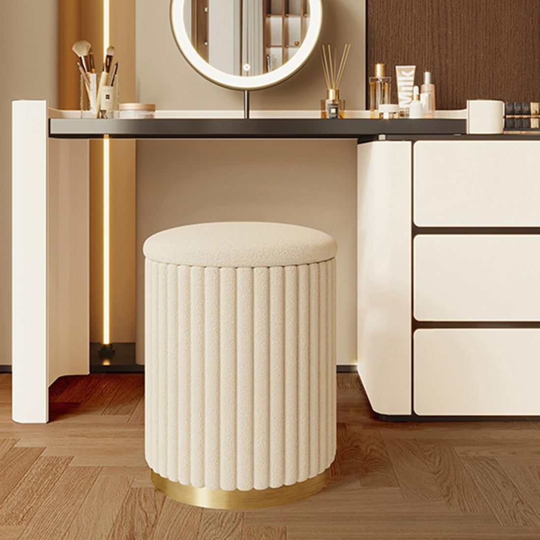 Uandhome Modern Round Ottoman, Leather Foot Rest Stool with Gold Base, Multifunctional Vanity Seat for Makeup, Upholstered Footrest Ottoman Chair for Living Room, Bedroom(12.6" D x 17" H)