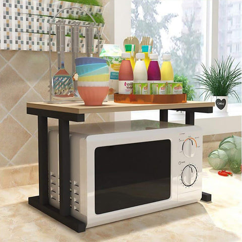 Everline 22500 I Series (2-Layer) Microwave Stand, Kitchen Platform Oven Stand Rack, Toaster Organizer With Storage Shelf Metal And Wood Walnut Brown Black Pipe Frame, Tiered Shelf - Countertop