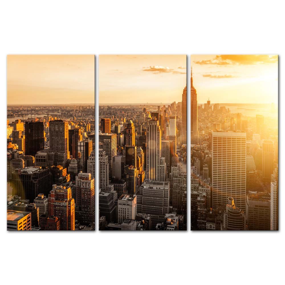 My Easy Art- New York City Wall Art Decor Skyline of United States NYC Canvas Pictures Artwork Skyscrapers Buildings Cityscape at Sunset 3 Panel Painting Prints for Home Living Dining Room